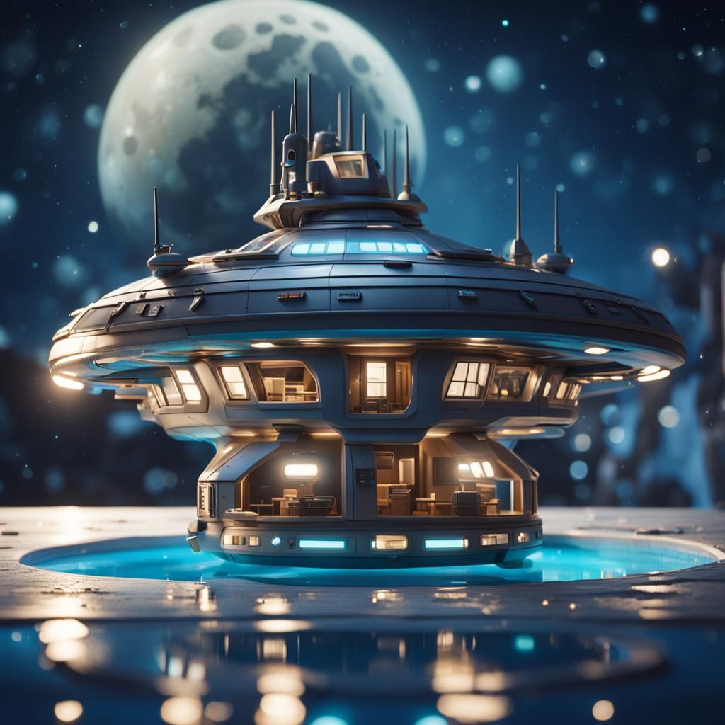 Luxury Spaceship with Pool, Moon and Ocean