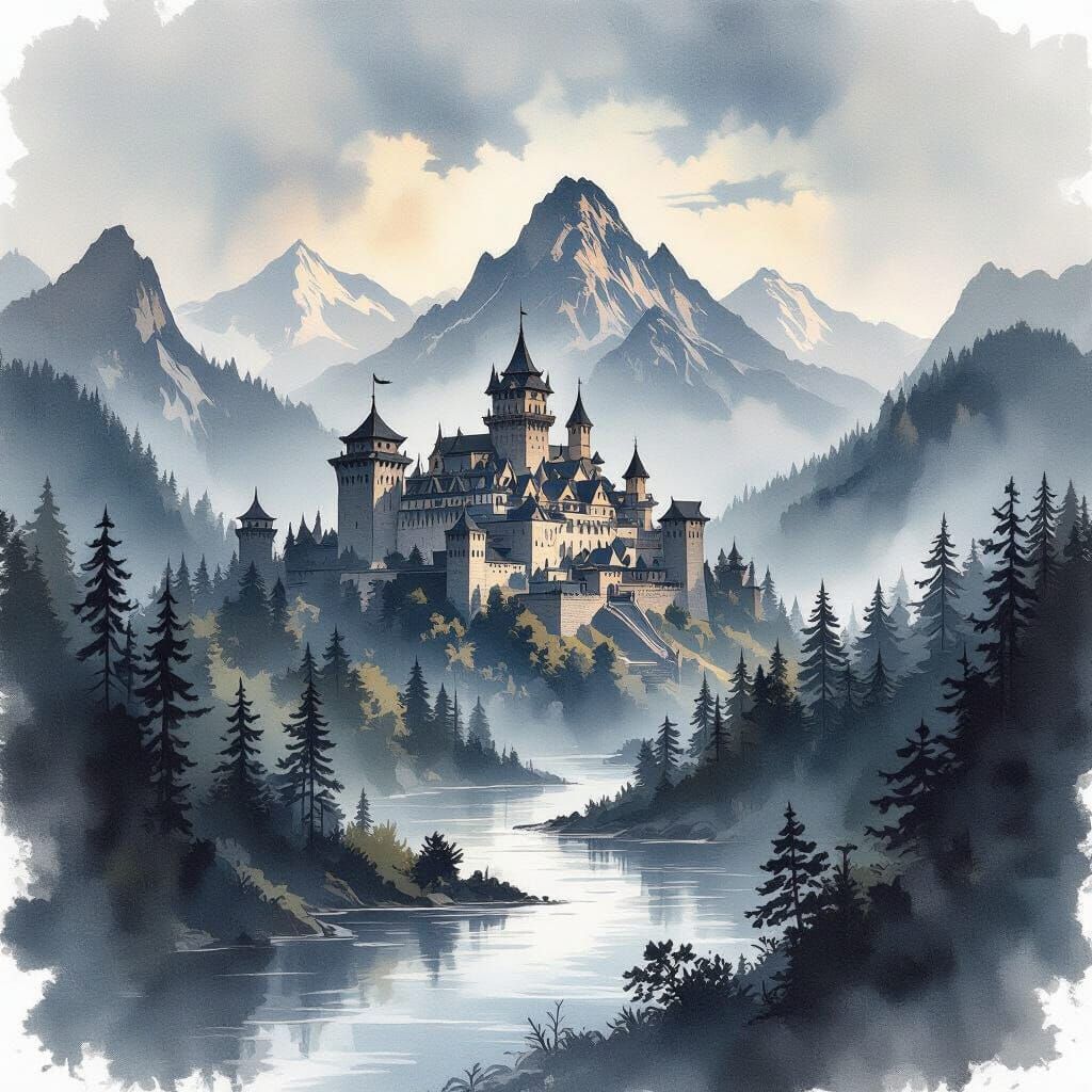 Majestic Castle in Mountains, Ukiyo-e Watercolour Style