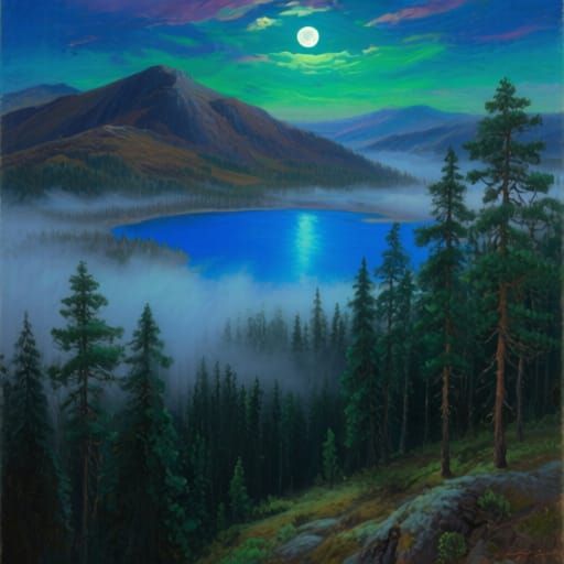 Ethereal Taiga Forest Lake Under Moonlit Sky