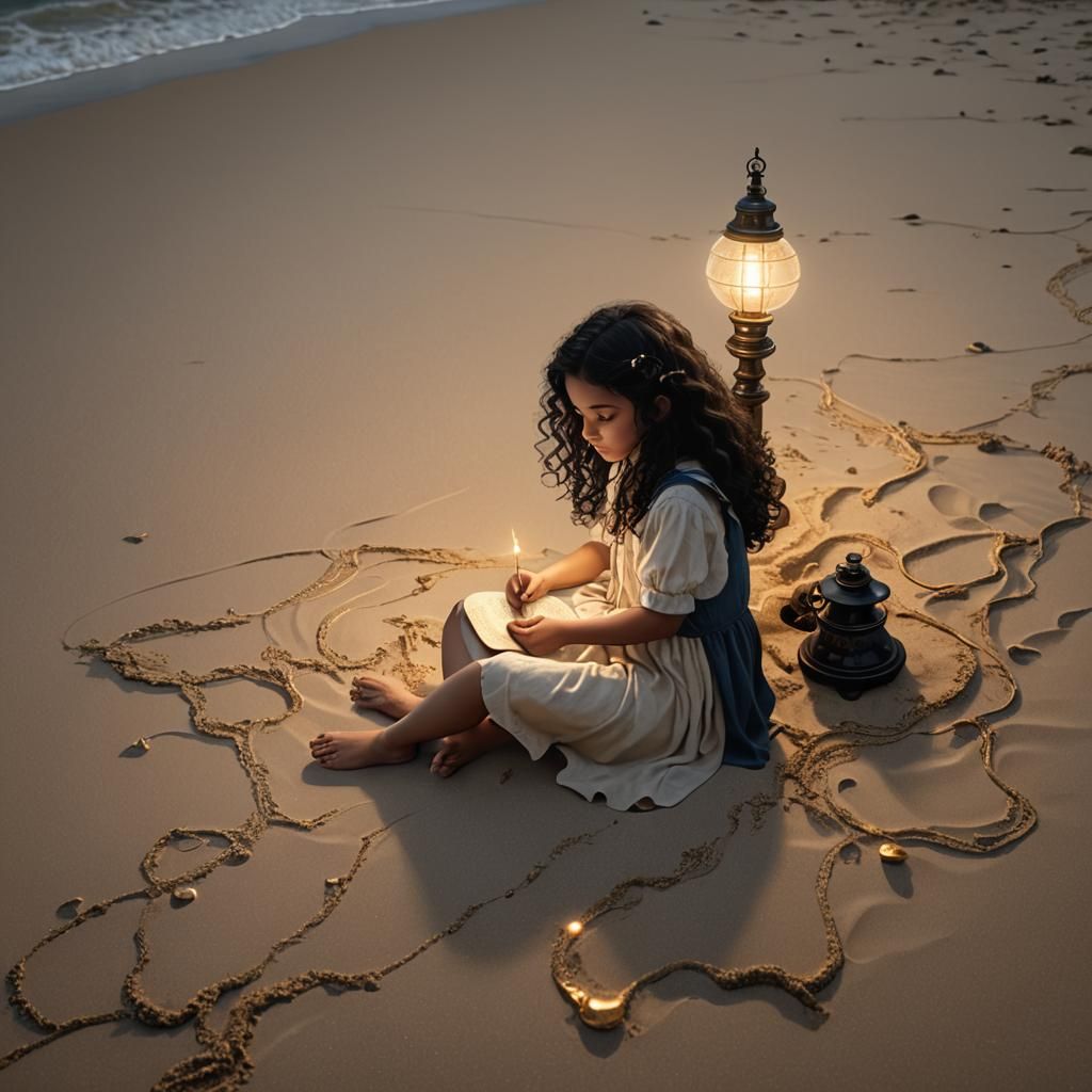 Girl with Lamp on Beach, Detailed Matte Painting