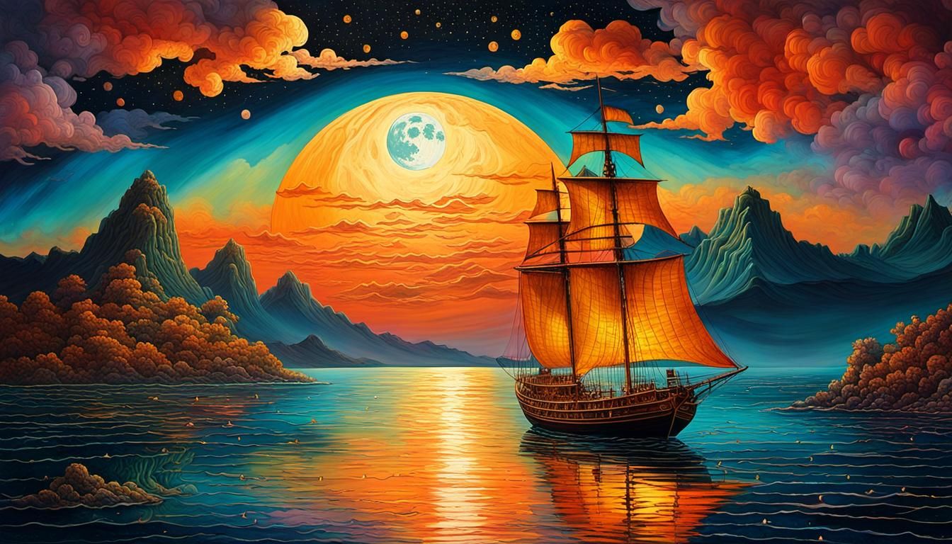 Sailboat on Moonlit Sea in Alcohol Ink Art