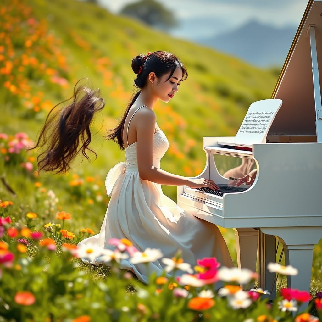Elegant Woman Plays Grand Piano on Lush Green Hill in Vibran...