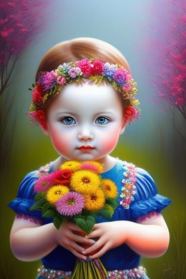 Toddler Offering Flowers: 3D Render in Fantasy Art Style