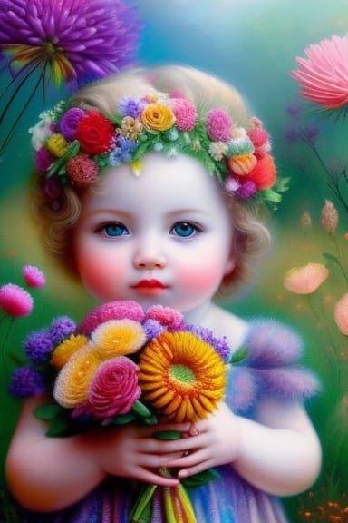 Toddler Offers Colorful Flowers in Fantasy Art