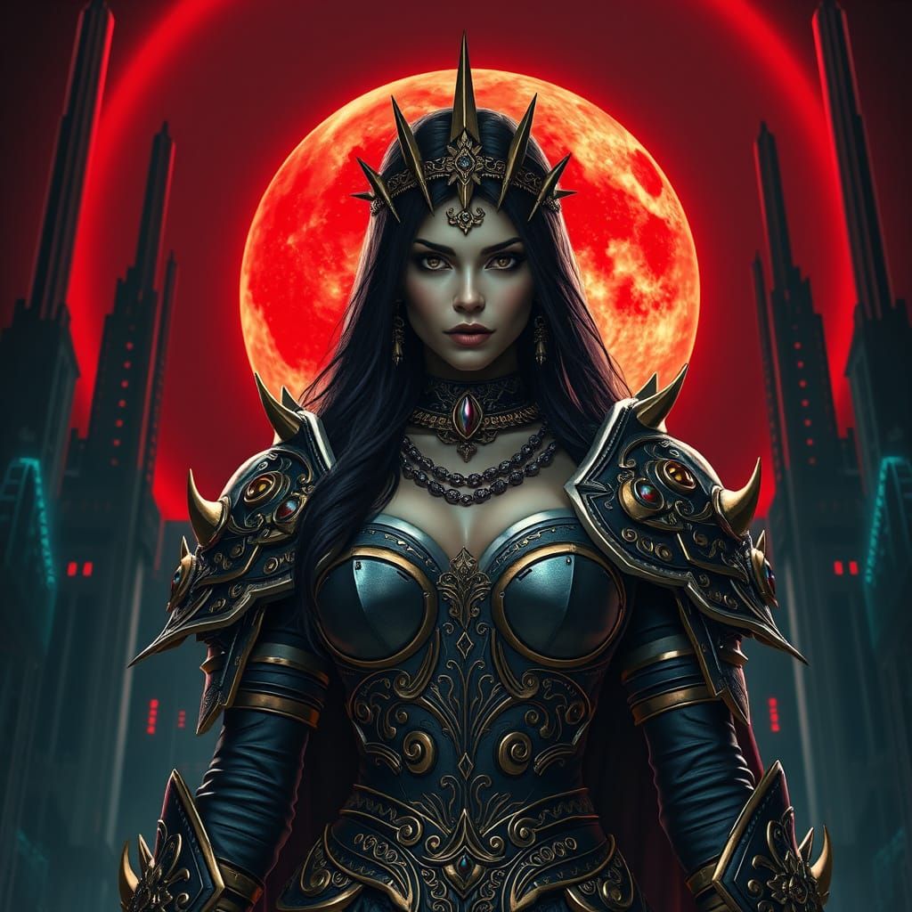 Glowing Red Moon Goddess in Futuristic Armor