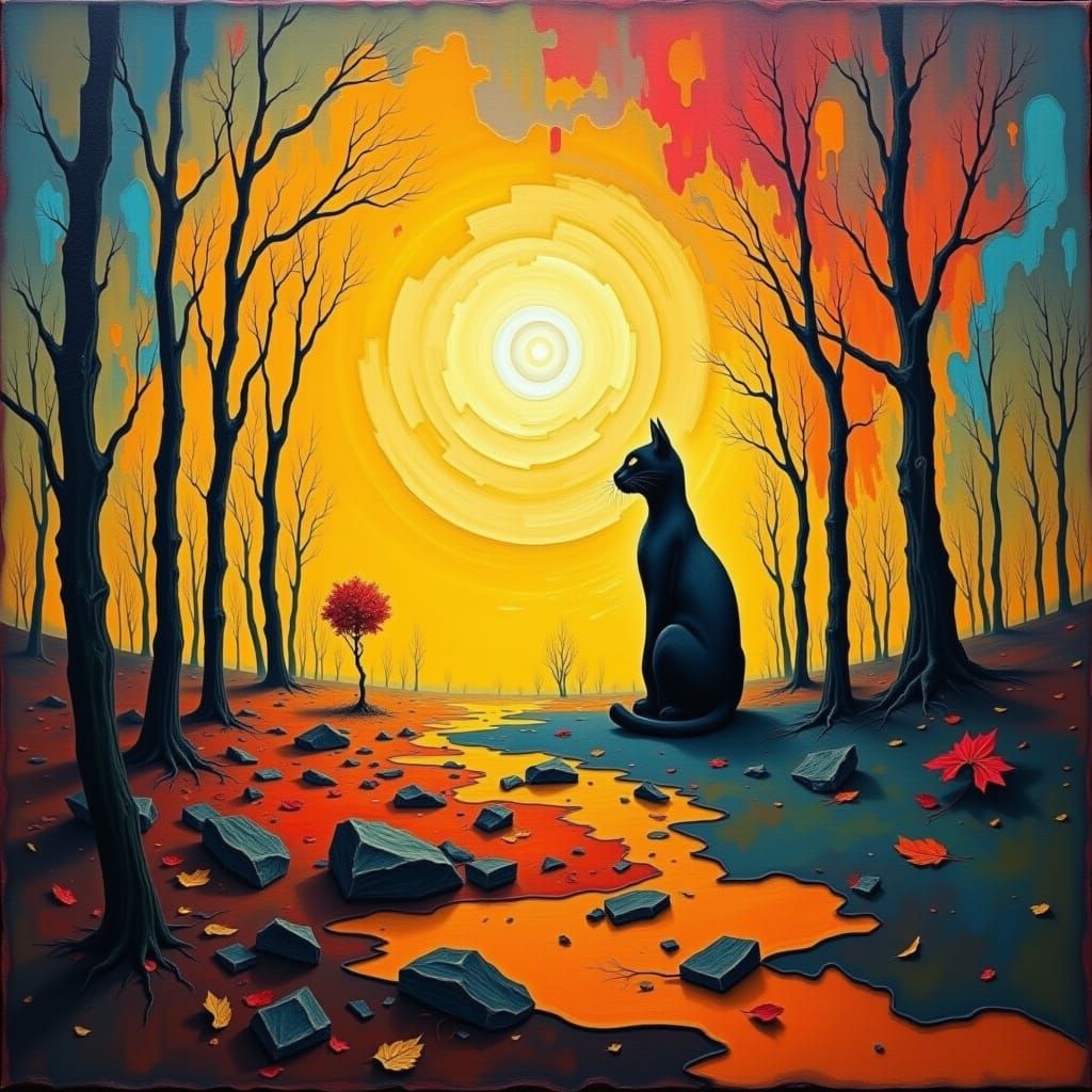 Surreal Cat in Autumn Landscape