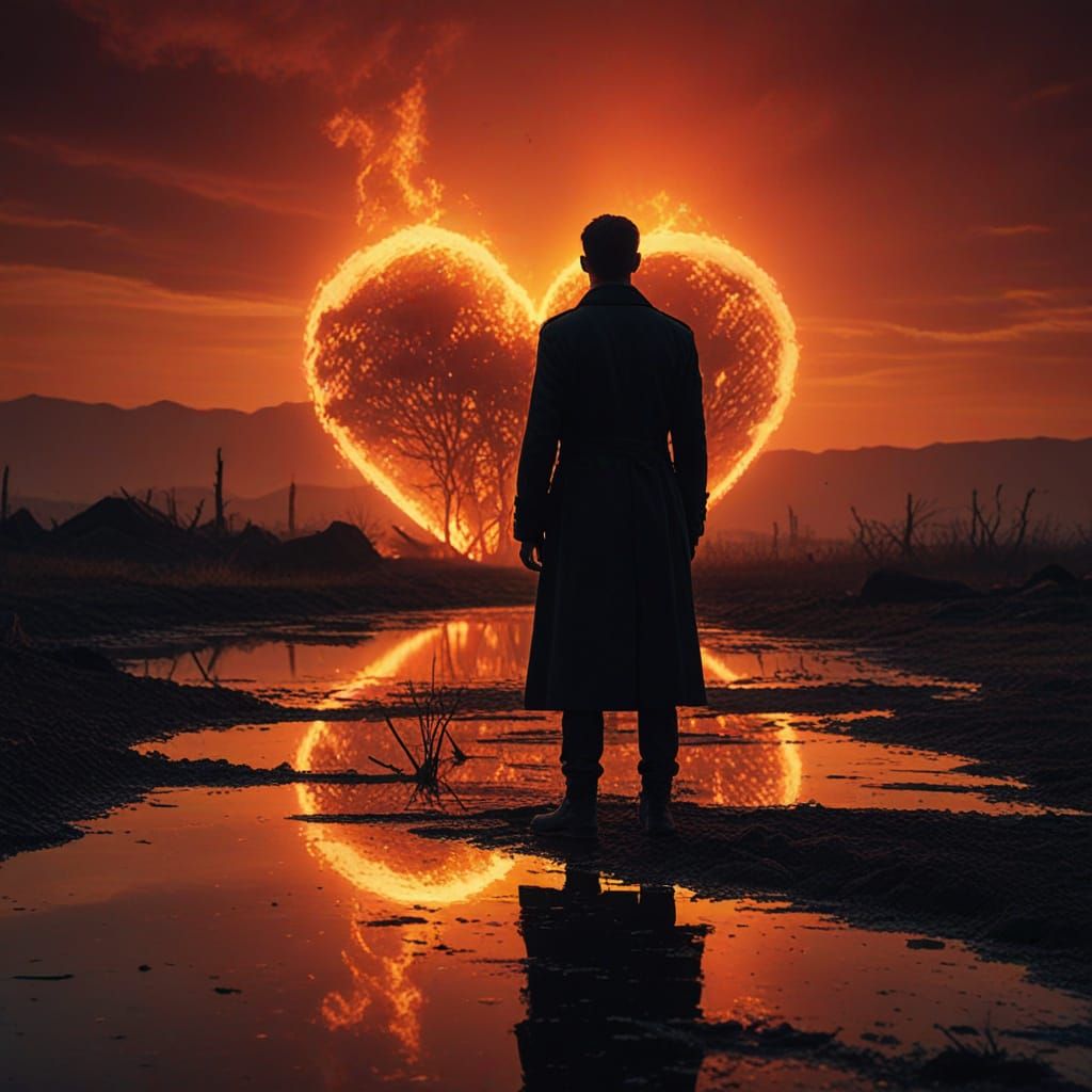 Figure Silhouetted Against Fiery Sunset Over Battlefield