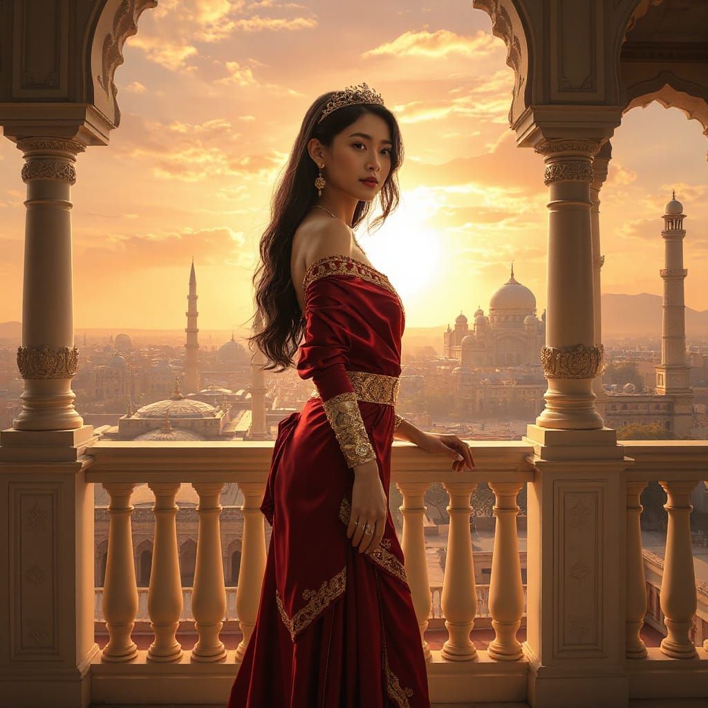 Burmese Woman on Balcony at Sunset, Fantasy Realism