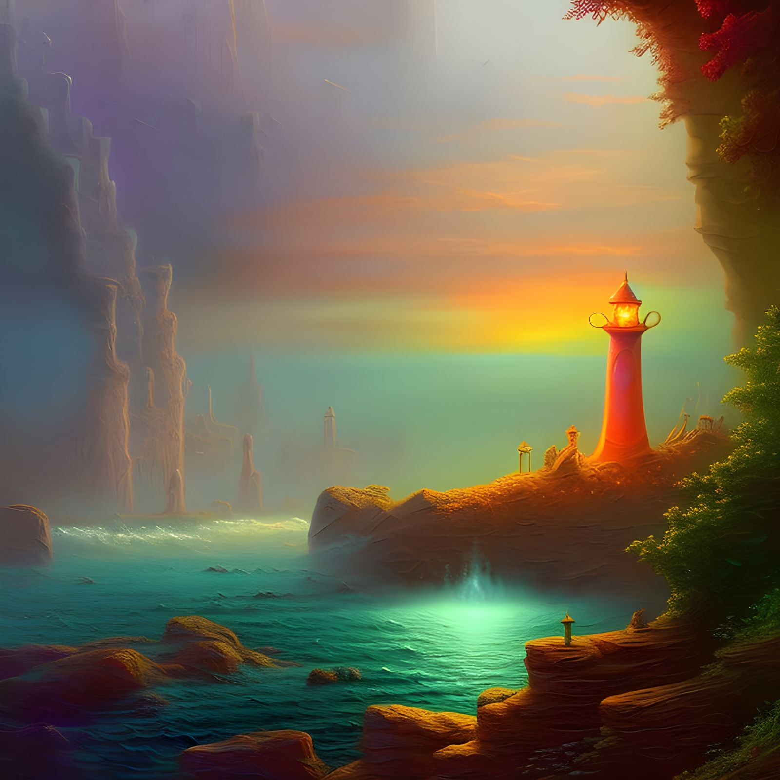 Elven Lighthouse on Mystical Ocean: Fantasy Oil Painting