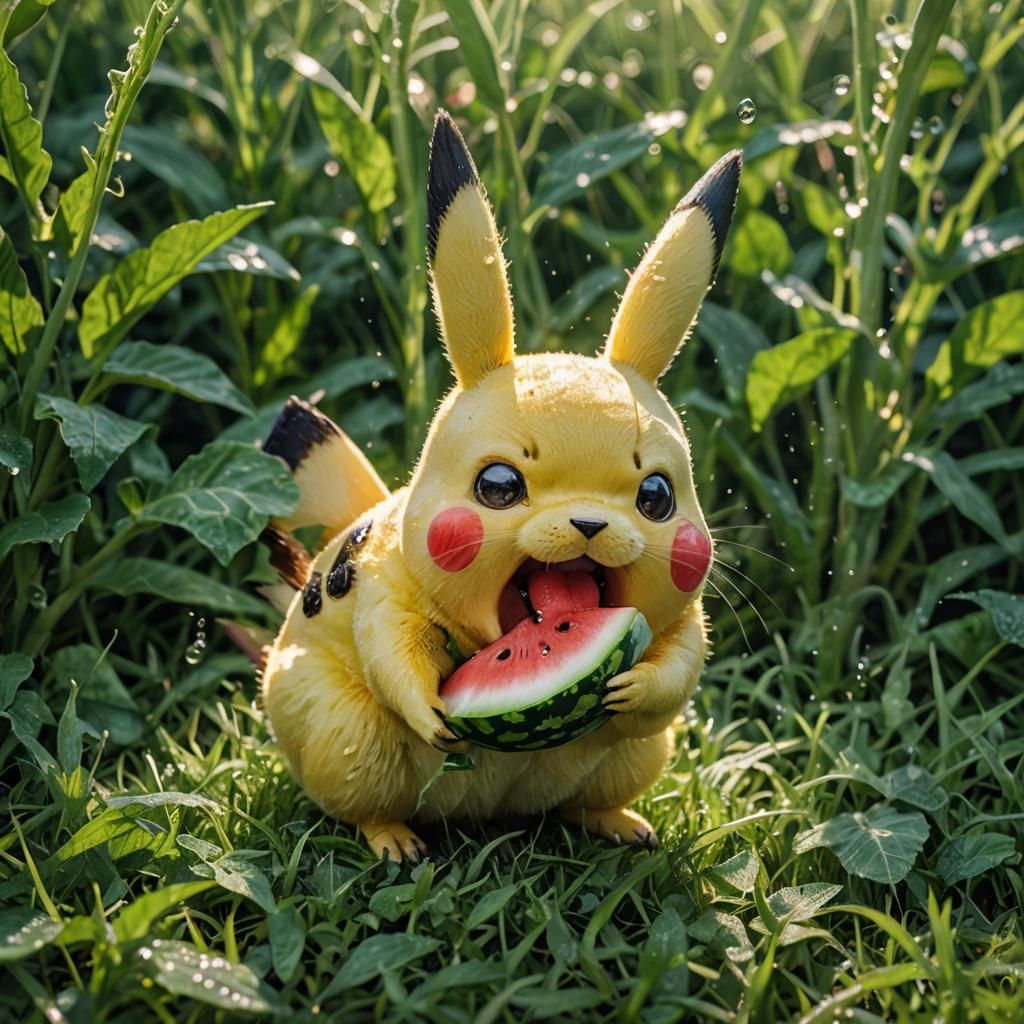 Pikachu's Watermelon Feast in Hyperreal Detail
