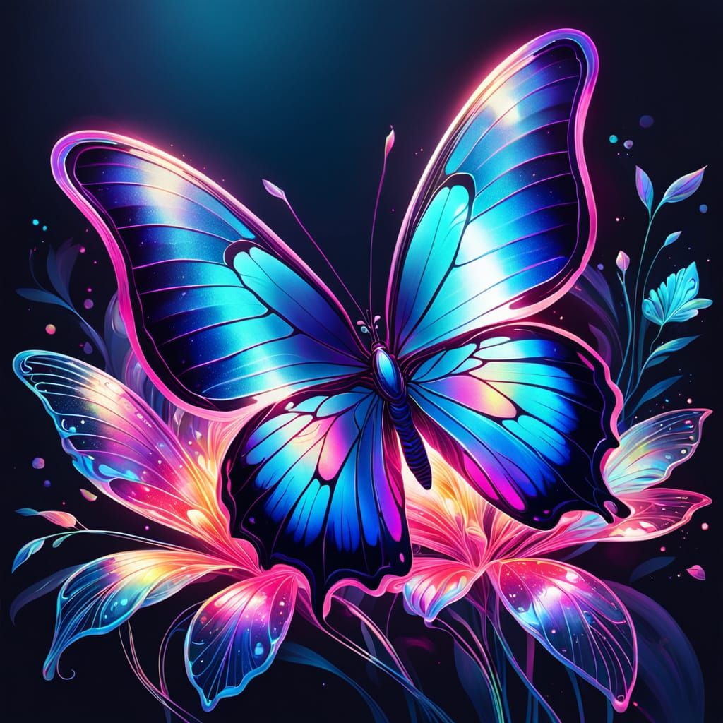 A Biomorphic Holographic Bloom illustration of butterfly, where organic forms and flowing lines are infused with a shimm...