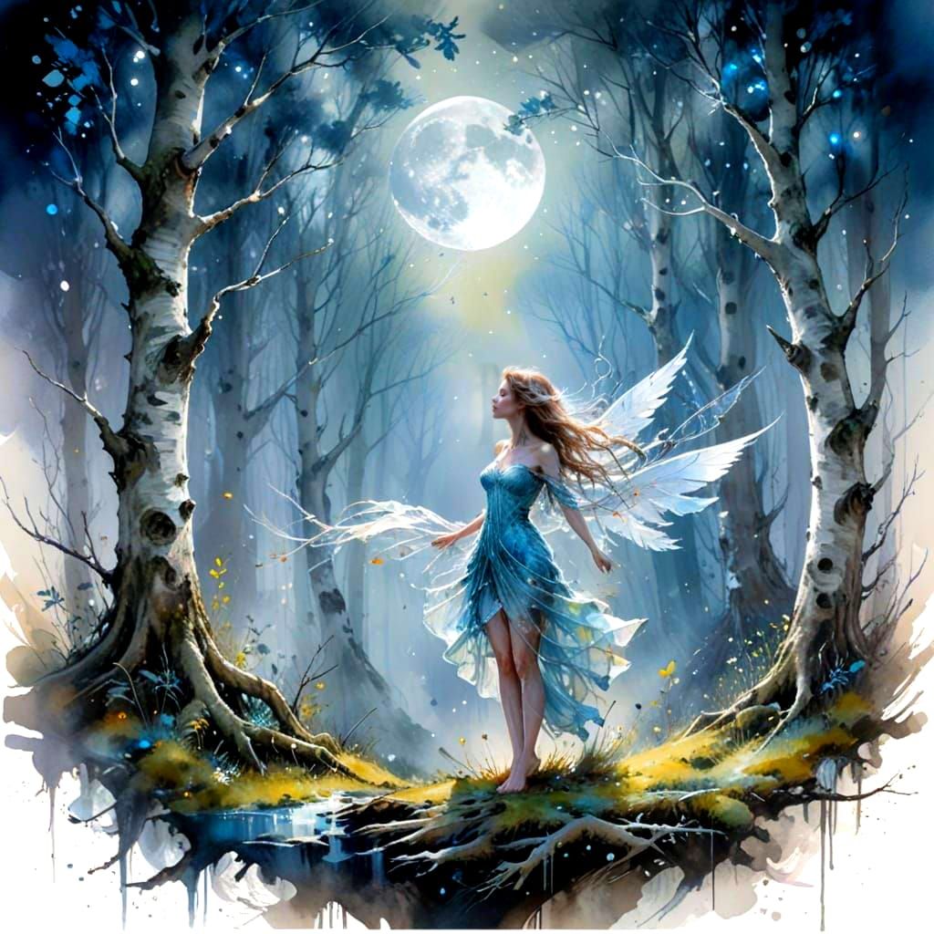 Moonlit Grove Fairy in Ethereal Watercolor Style
