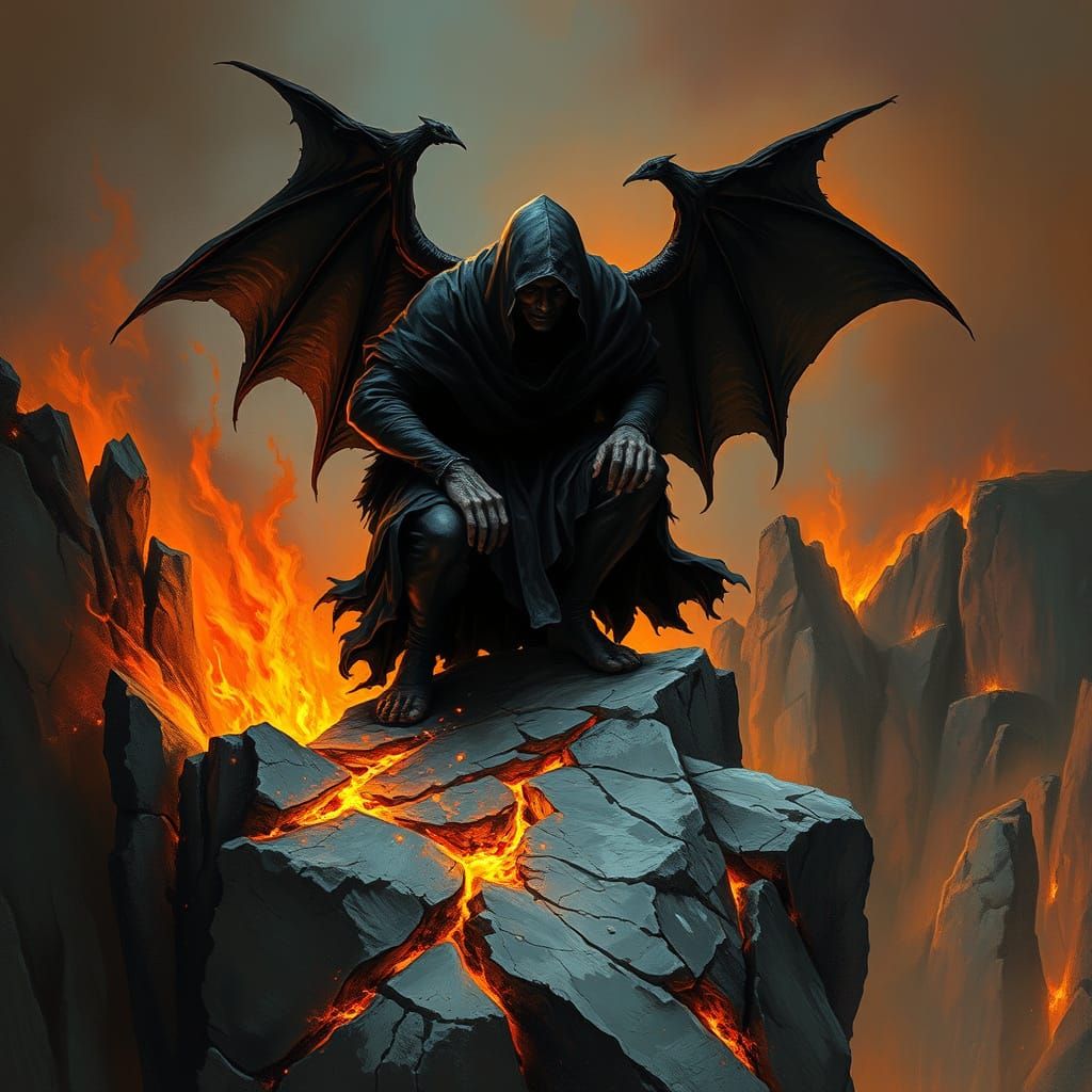 Black angel crouches on a burning cliff #02