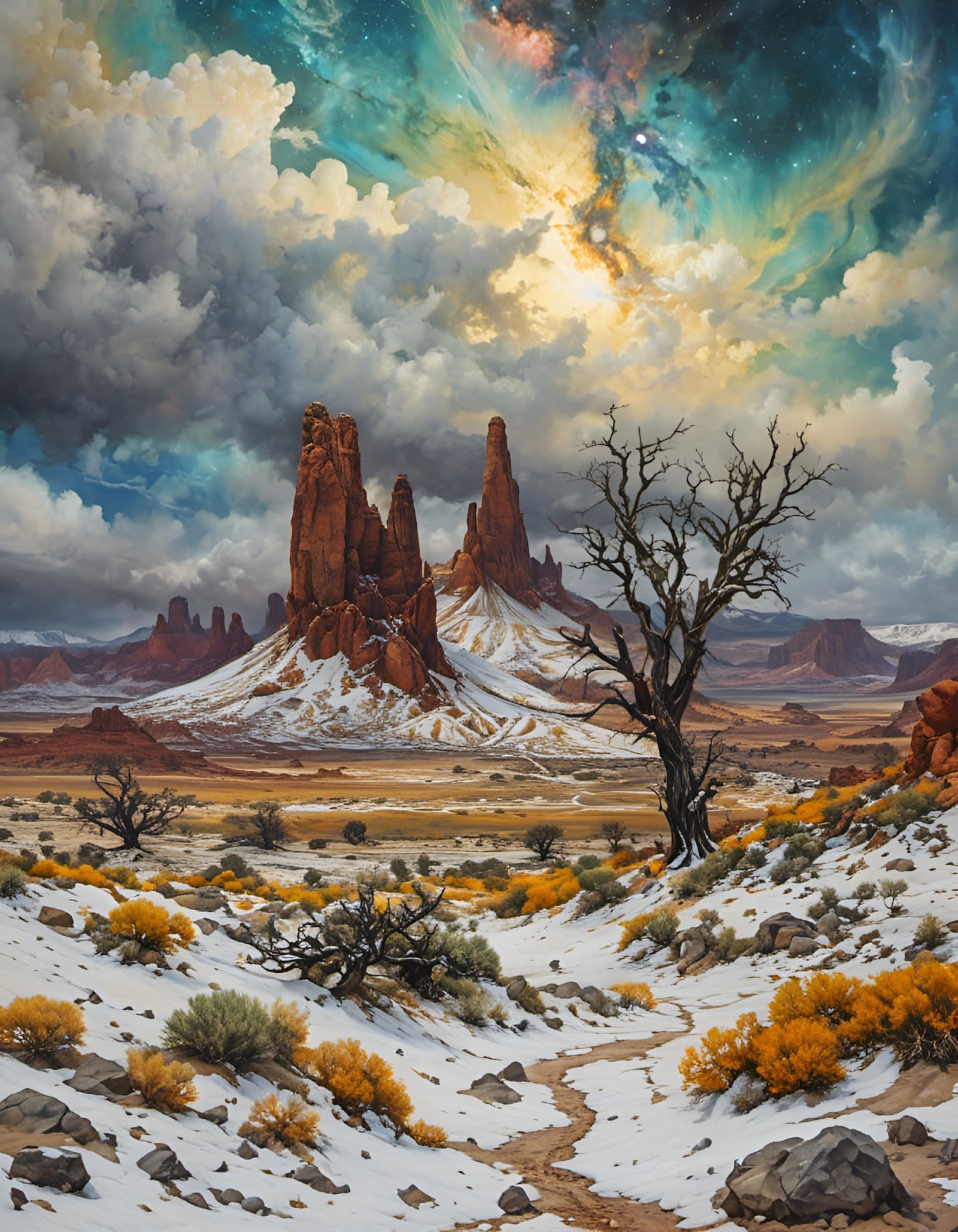 Surreal Snowfall in Arid Desert Landscape