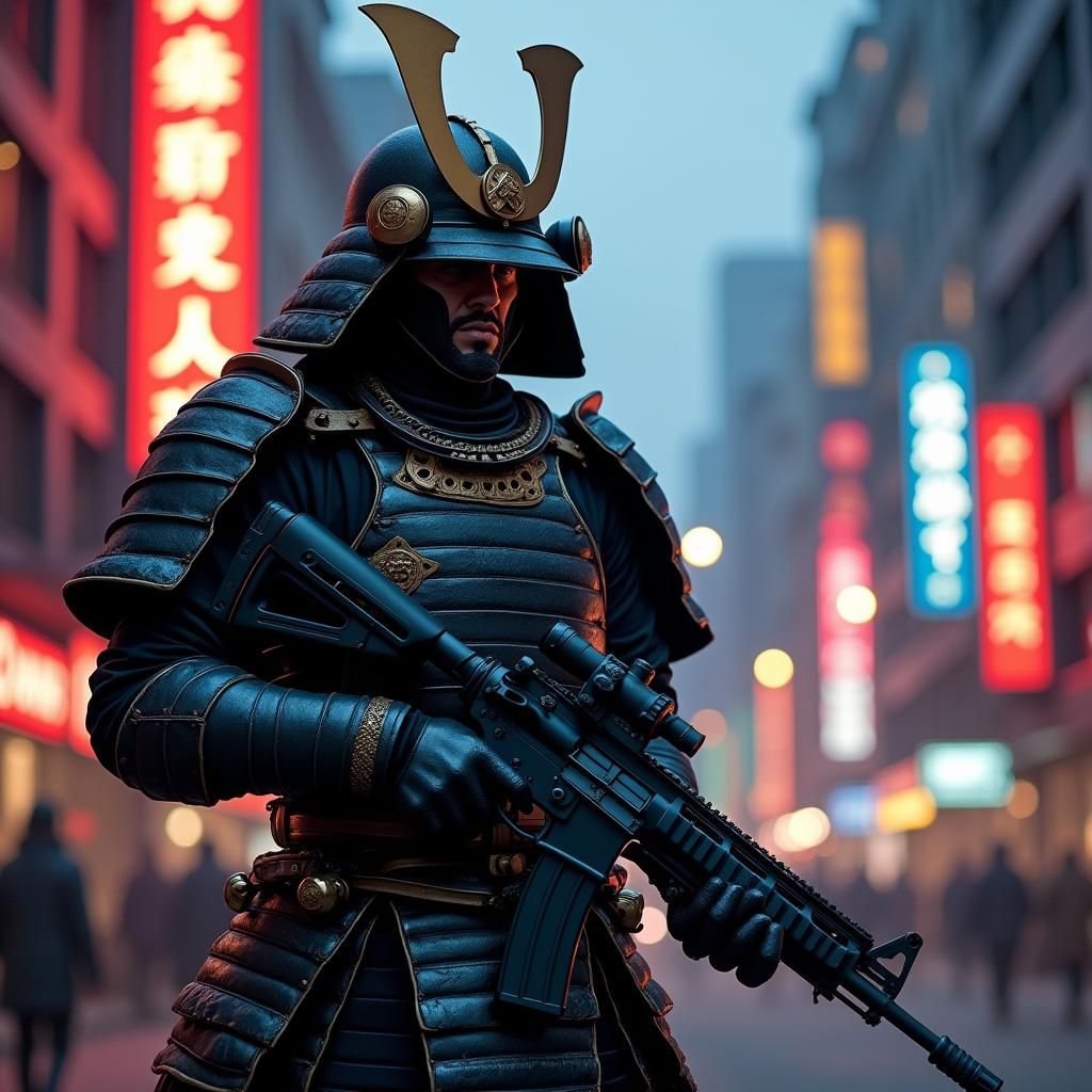 Samurai Warrior with Tactical Rifle in Neon Cityscape