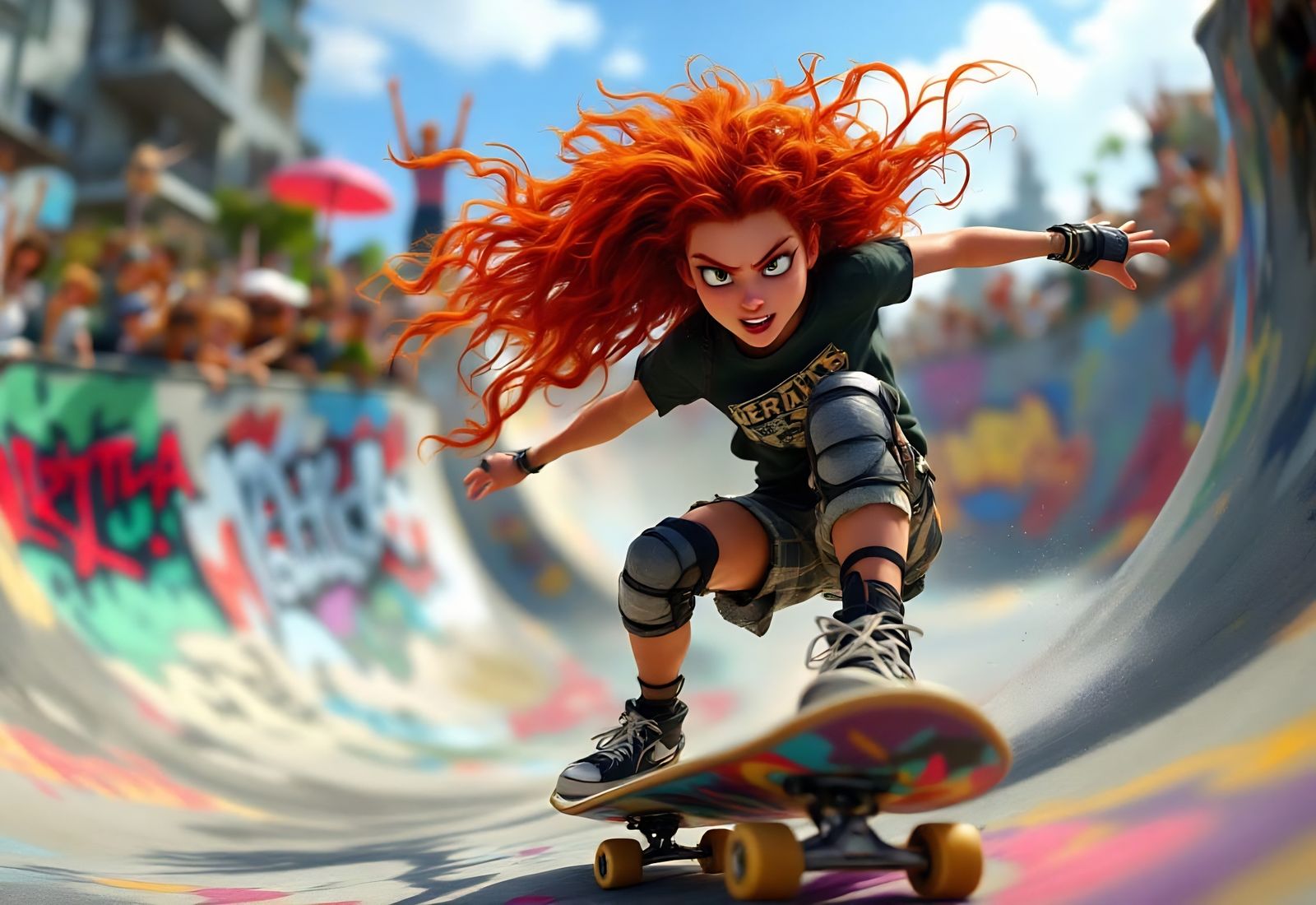 Pixar Style Urban Skater-Punk Merida in Motion