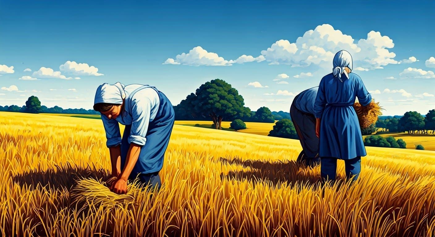 Harvest Scene in Delft Blue Psychedelic Poster Art