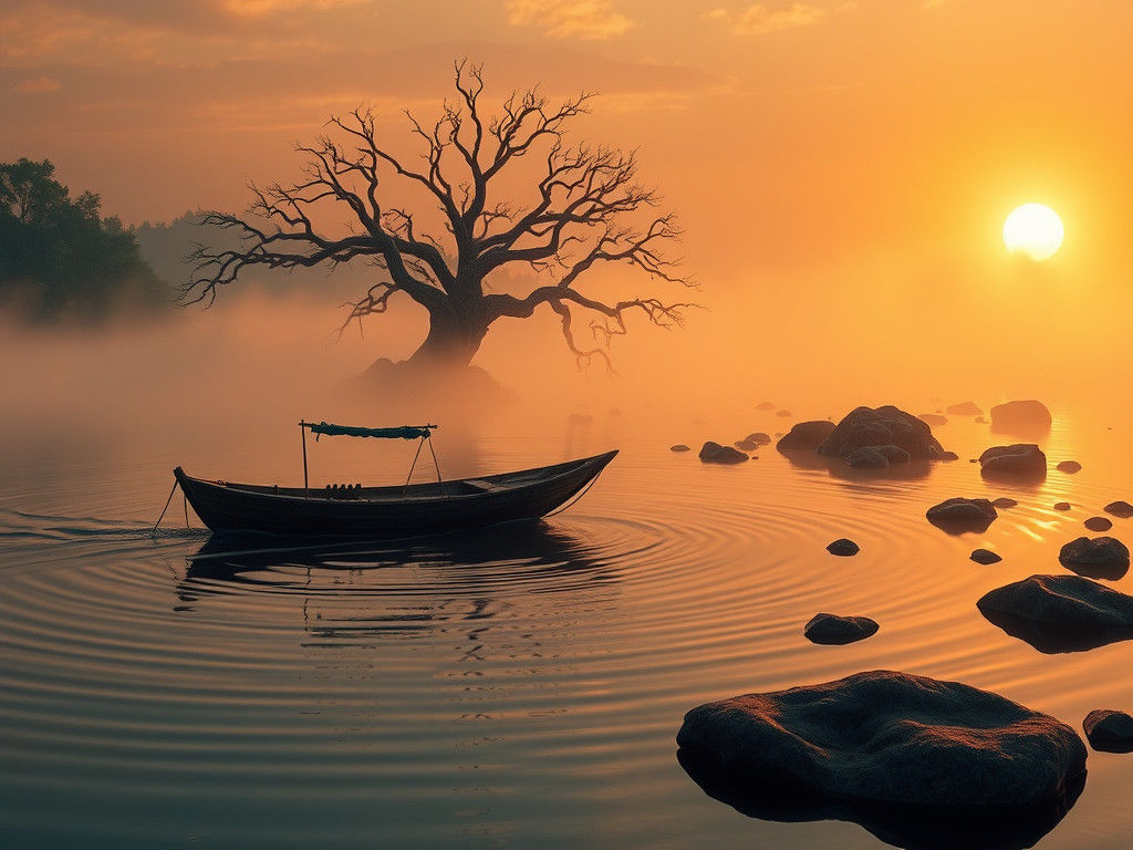 Mystical Fishing Boat on Misty Lagoon at Sunset