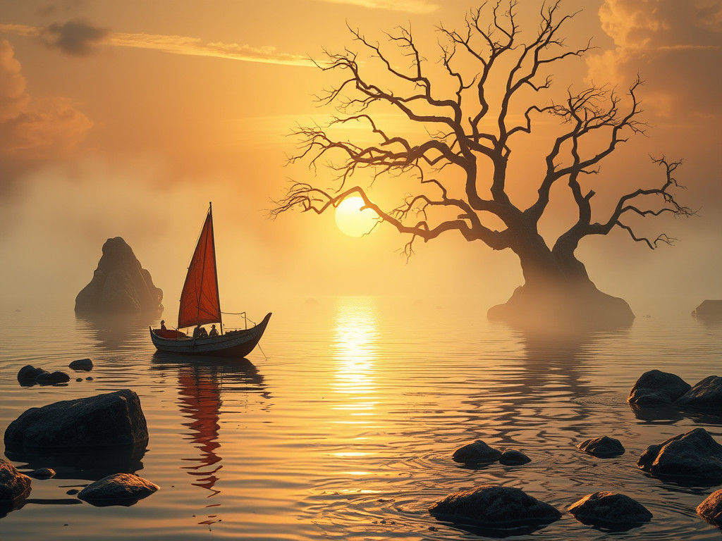 Mystical Lagoon Sunset: Detailed Fishing Boat