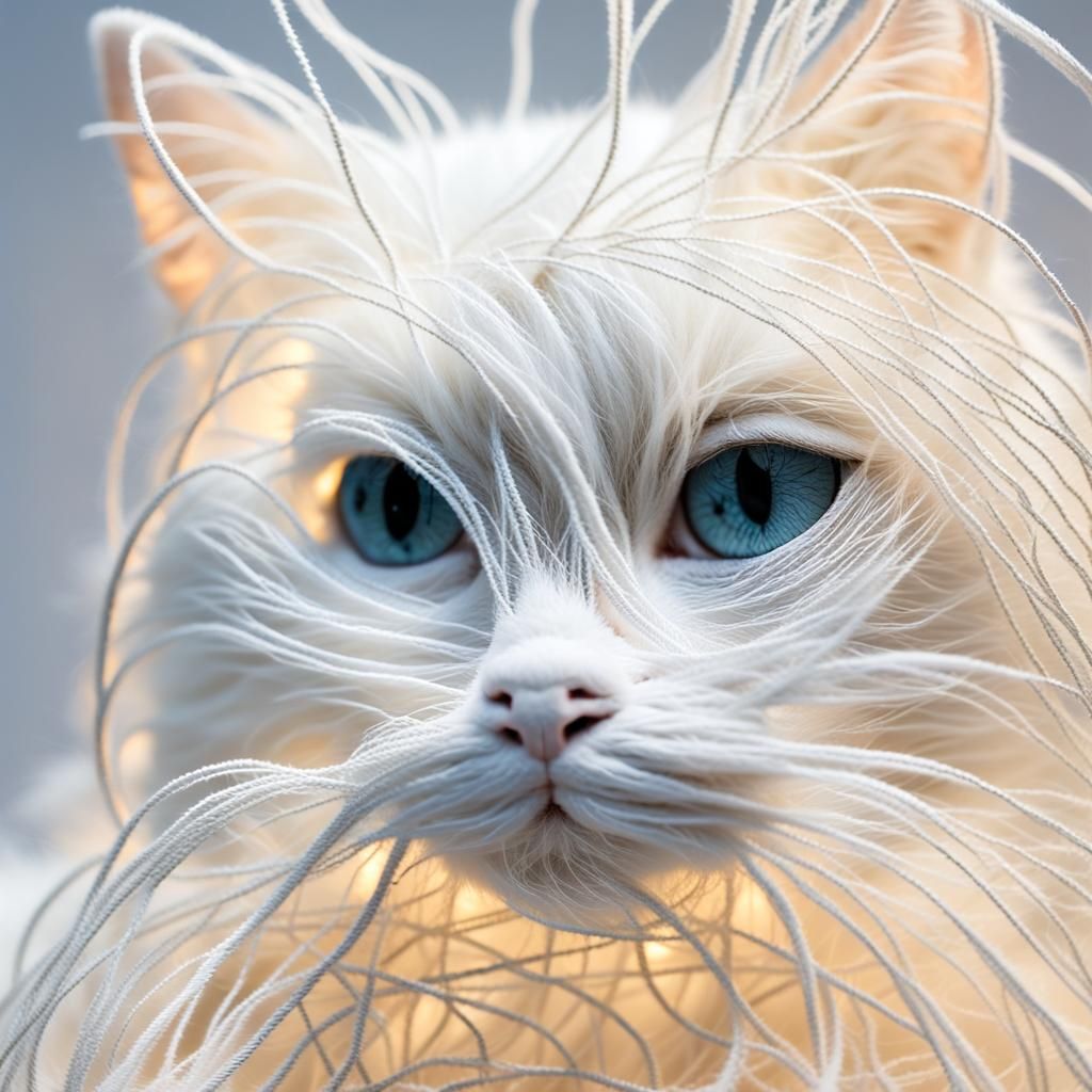 Delicate Fiber Art: White String Cat Sculpture