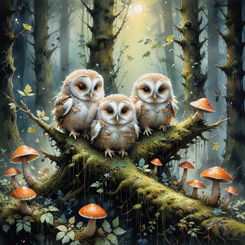 Playful Owlets in Moonlight Moss Branch Wood