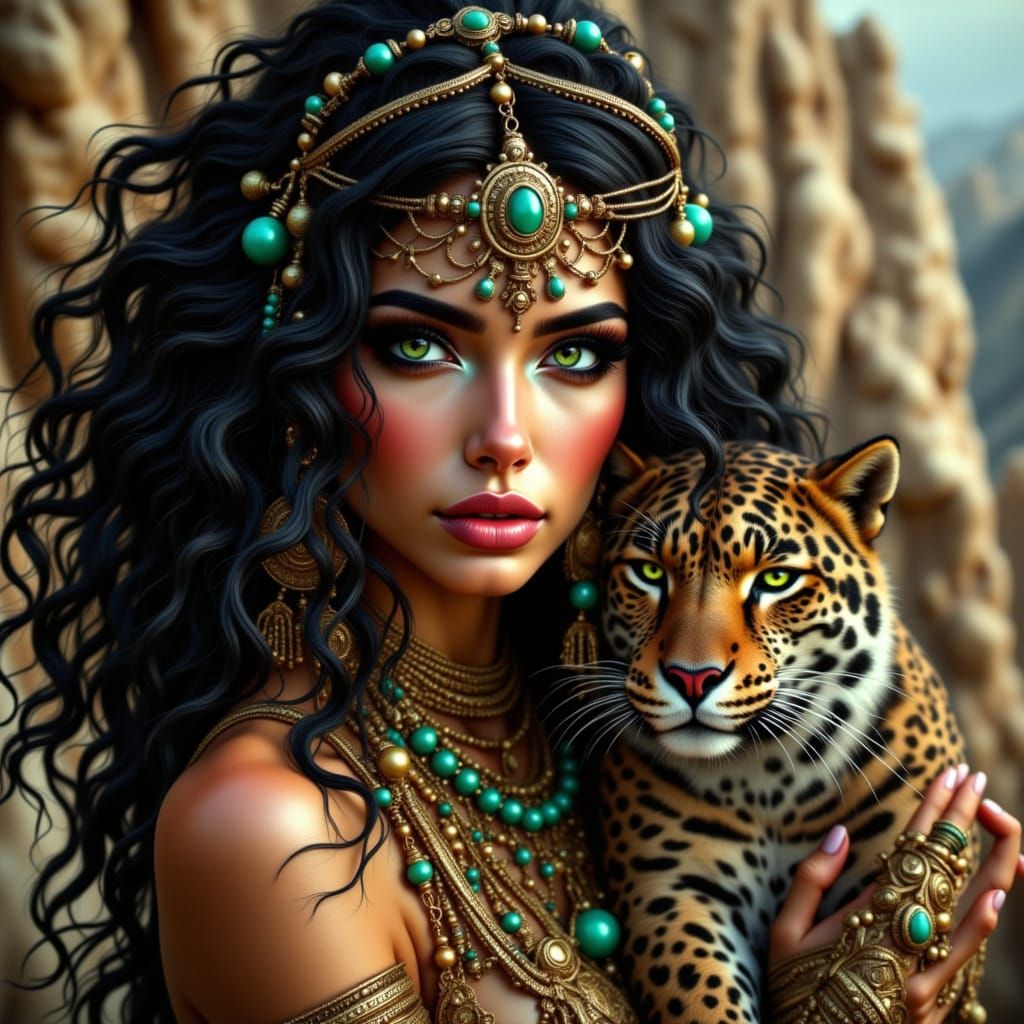Egyptian Fantasy Queen with Leopard, Surreal Dreamscape
