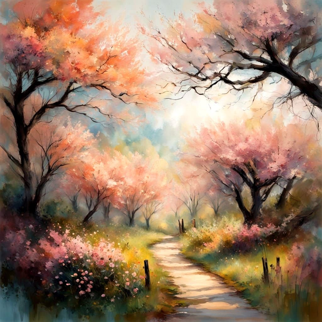 Vibrant Spring Countryside Scene in Whimsical Style