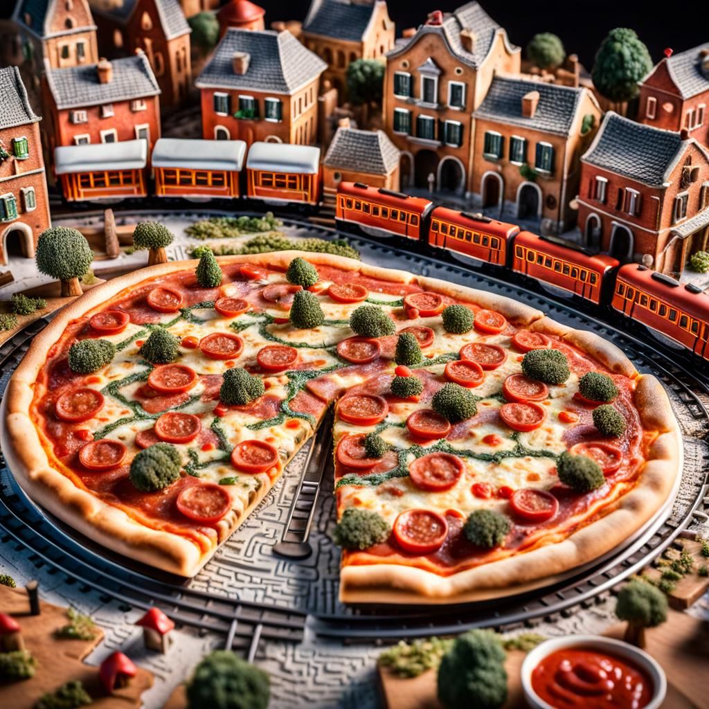 Surreal Pizza Train Set in Ancient City