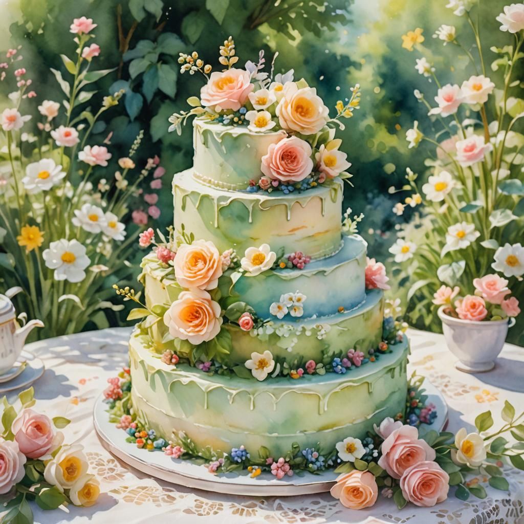Whimsical Watercolor Wedding Cake in Garden