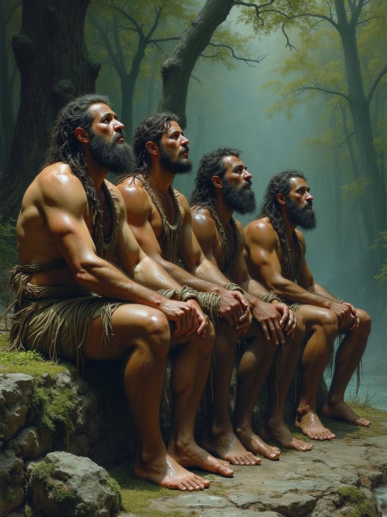 Ancient Warriors in Primeval Forest, Dramatic Illustration