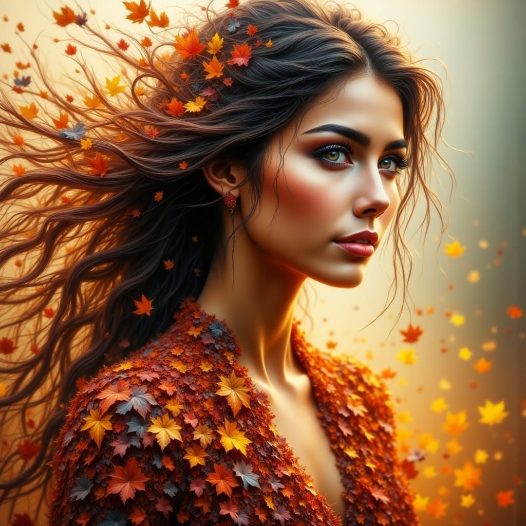 Woman in Autumn Leaf Dress in Soft Focus Landscape