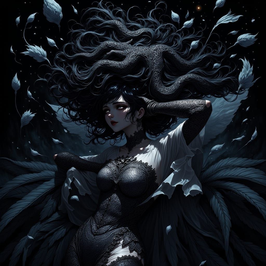 80s Anime Woman with Zentangle Gown & Lotus Hair