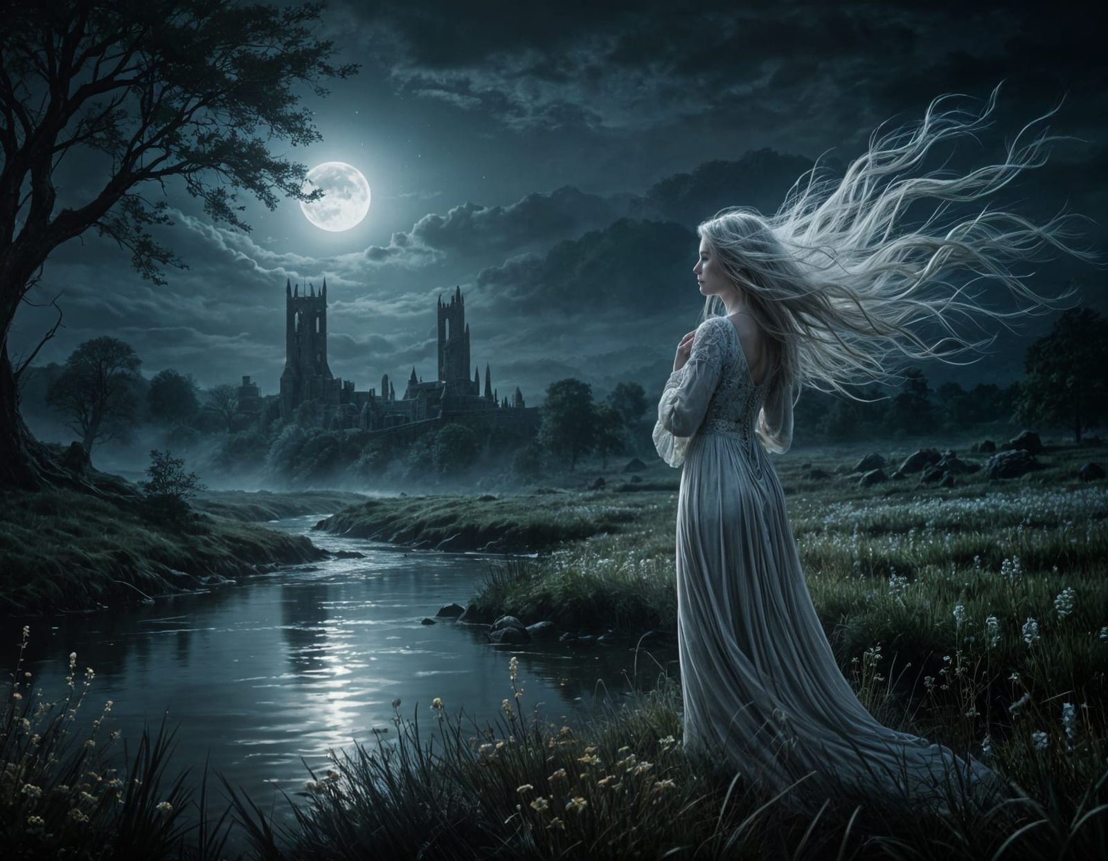 Ethereal Banshee in Moonlit Irish Landscape