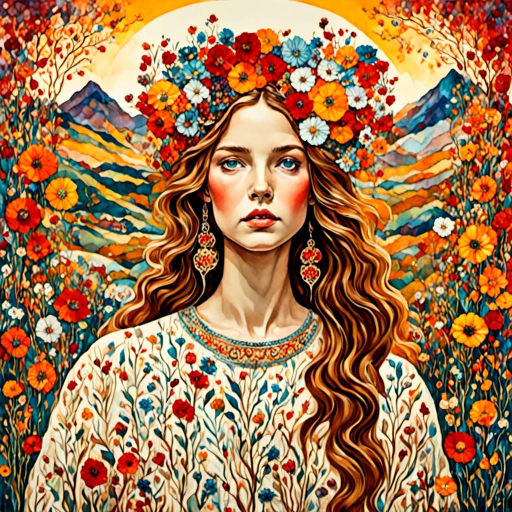Girl in Flower Field, Klimt-Inspired Painting