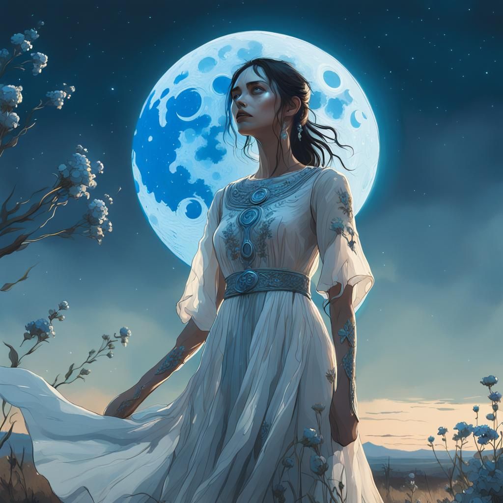 Ethereal Fantasy Goddess Gazing at a Bright Blue Moon