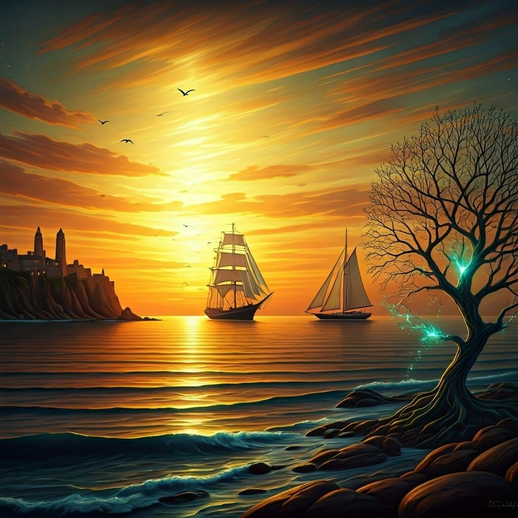 Maritime Sunset with Sailing Ships and Coastal Town