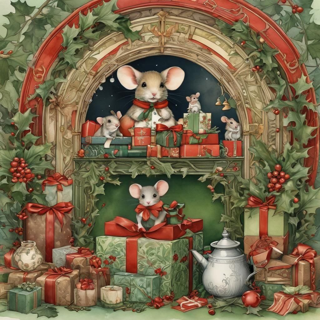 Art Nouveau Christmas Mice in Watercolor Illustration