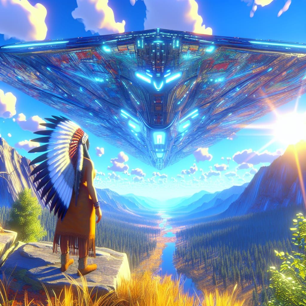 Native American Cliffside Encounter with Alien Spaceship