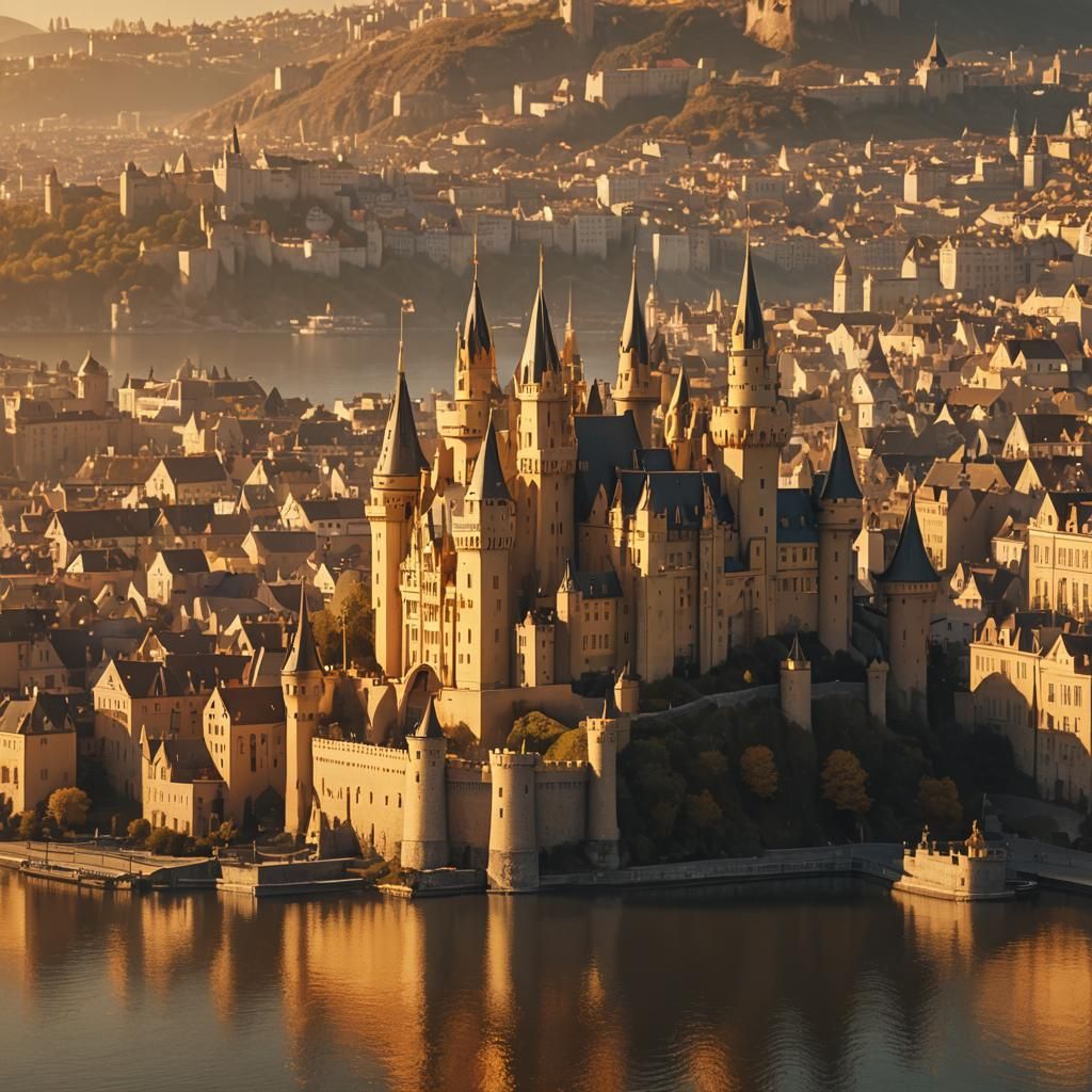 Golden Castle in Golden City: Surreal Dreamscape