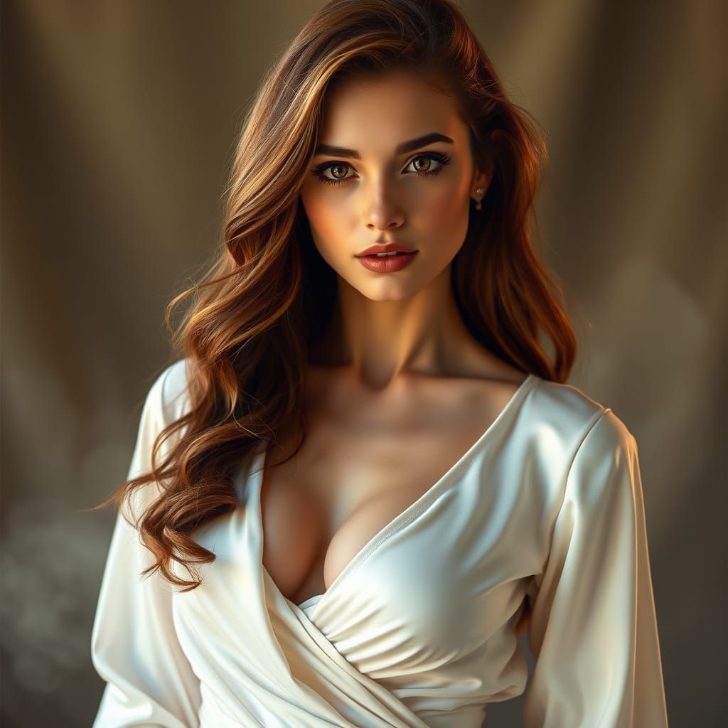 Woman in Elegant White Satin Wrap Top, Exuding Confidence an...