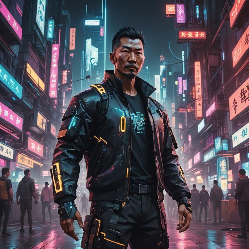 Cyberpunk Asian Man in Futuristic Cityscape