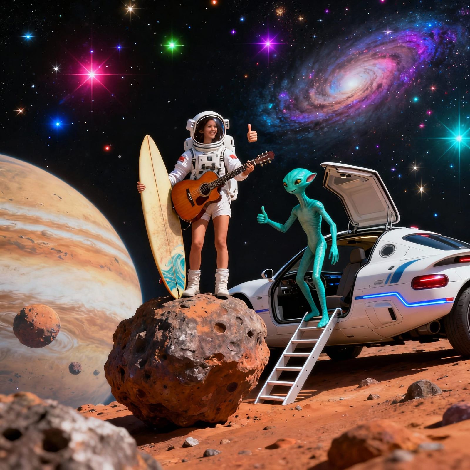 Astronautine Hitchhiking for Space Ride with Alien