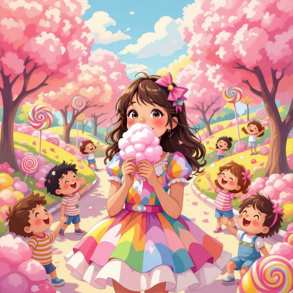 Whimsical Candy Park Scene with Children and Cotton Candy