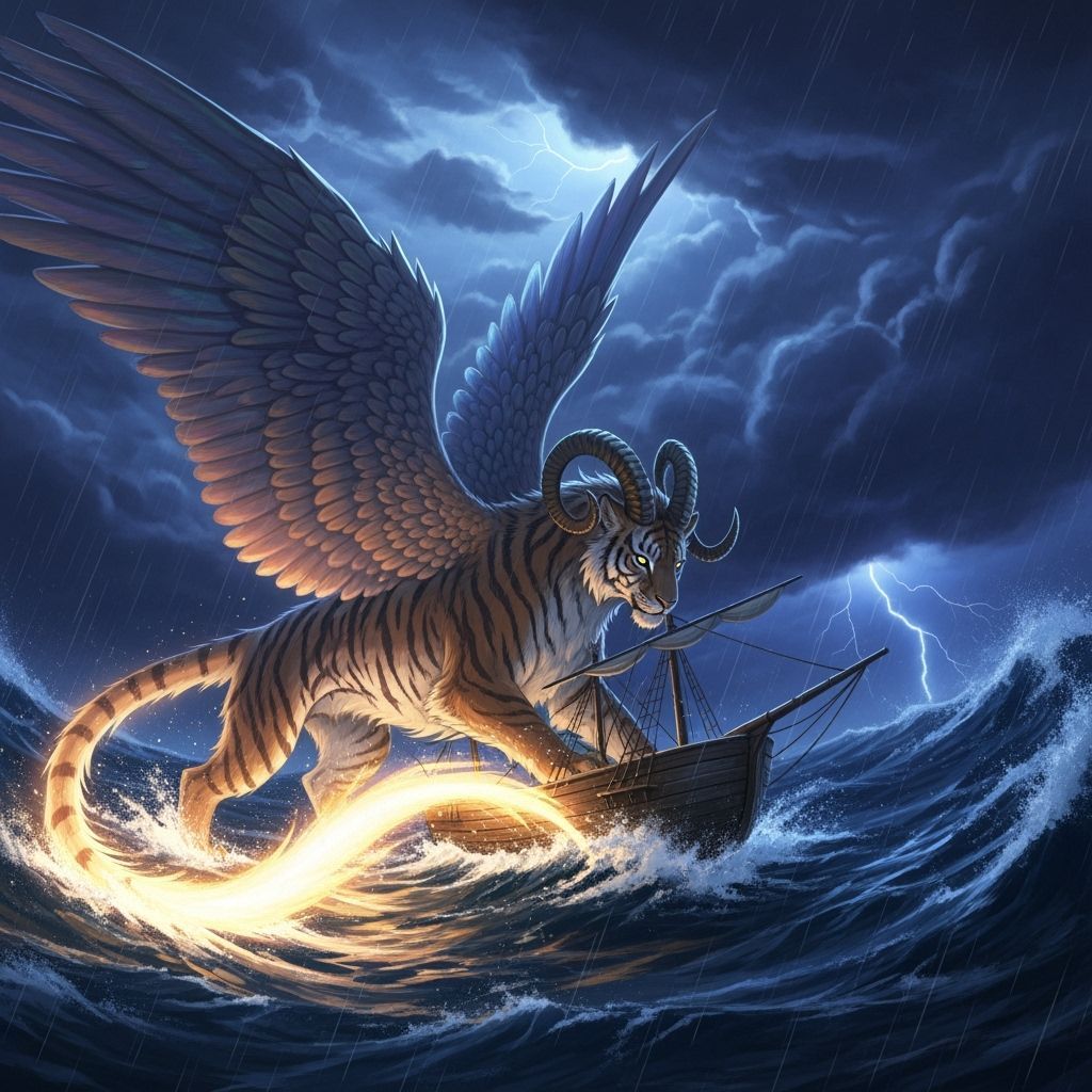 Winged Tiger Creature Guides Ship Through Stormy Seas