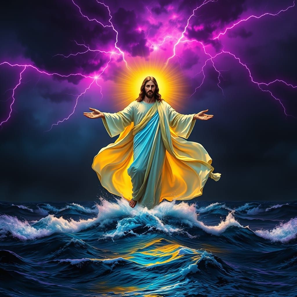 Majestic Jesus Radiates Light Amidst Turbulent Sea