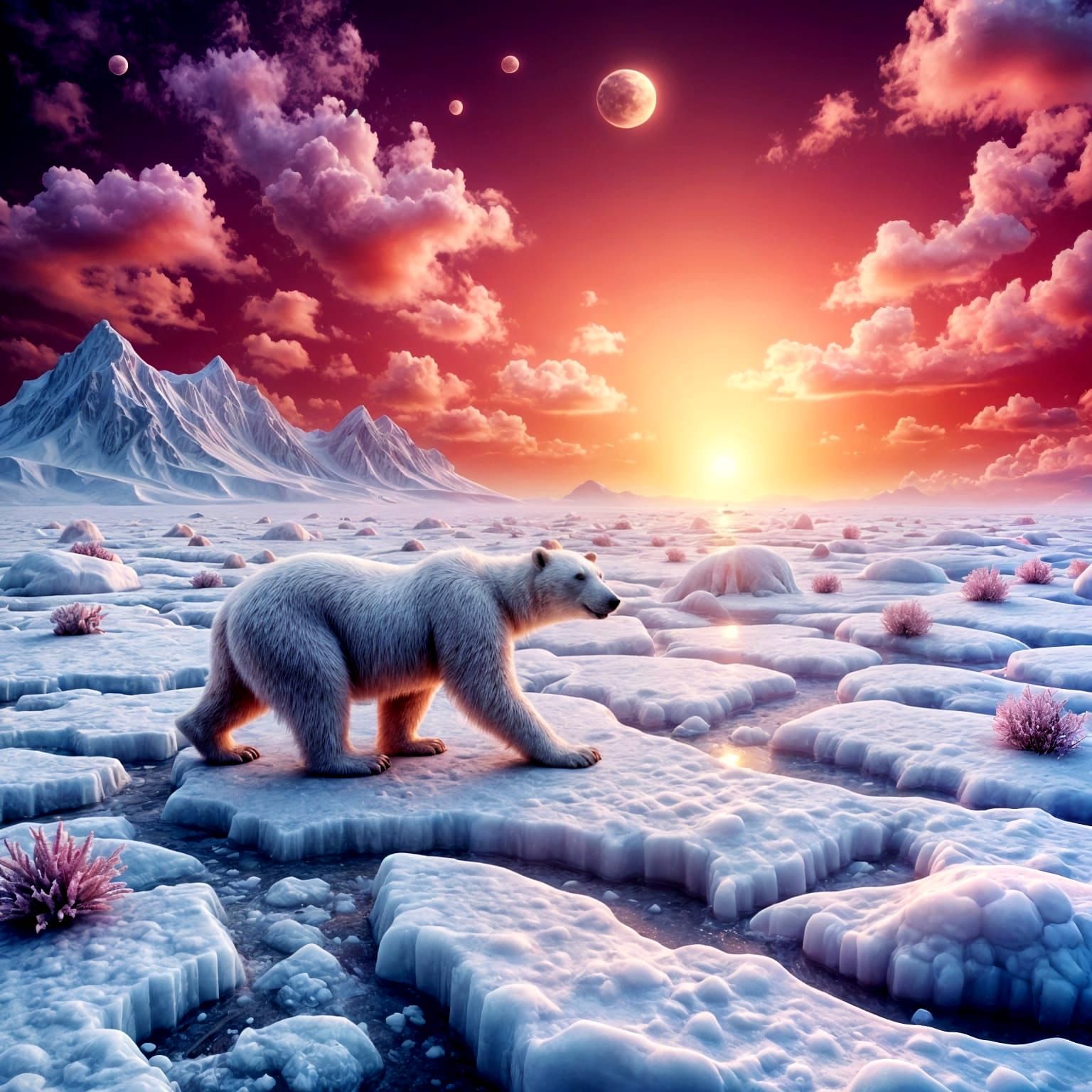 Surreal Arctic Sunset with a Dreamy Polar Bear