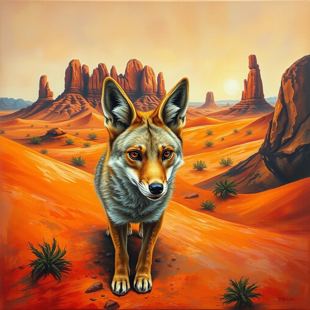 Coyote in Arizona Desert: Surreal Oil Painting