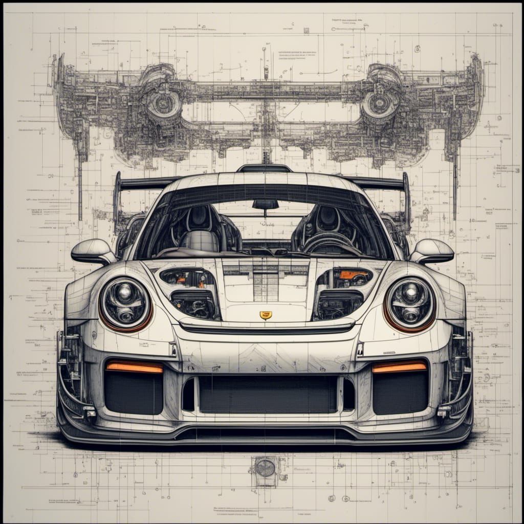 Detailed Blueprint of Porsche 992 GT3 RS