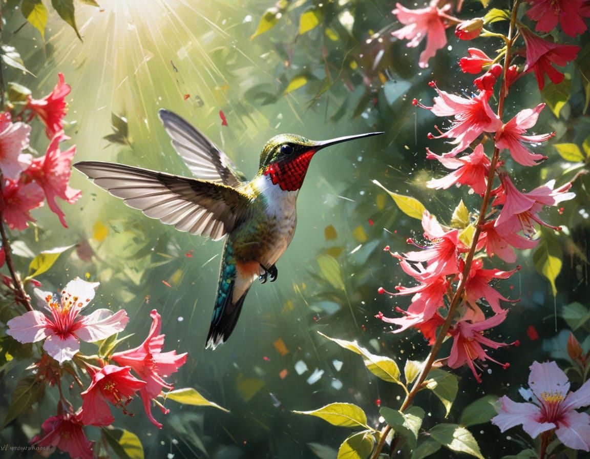 Ruby Hummingbird in Sunlit Orchard: Watercolor Art