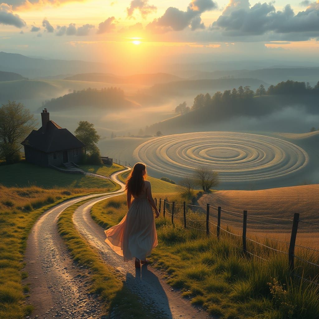 Harmonious Sunrise Over Farmlands with Crop Circle